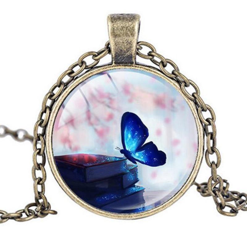 Floral Butterfly Pendant Necklace with Cabochon Charm