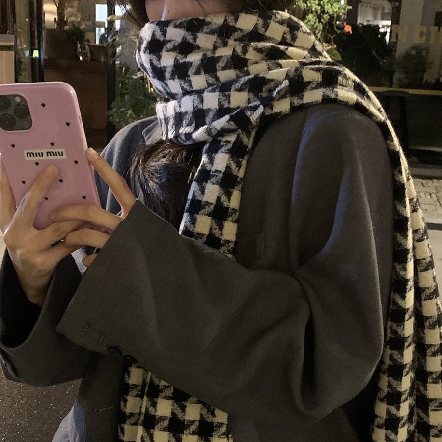 Houndstooth Scarf Women's Autumn and Winter Korean Version Versatile Niche Thickened Imitation Cashmere Large Shawl Dual Purpose Plaid Scarf Trendy