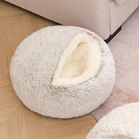 Кошачья плюшевая кровать из искусственного меха с пушистым капюшоном, успокаивающая кошачья кровать-пещера, зимнее уютное круглое гнездо для домашних кошек и маленьких собак