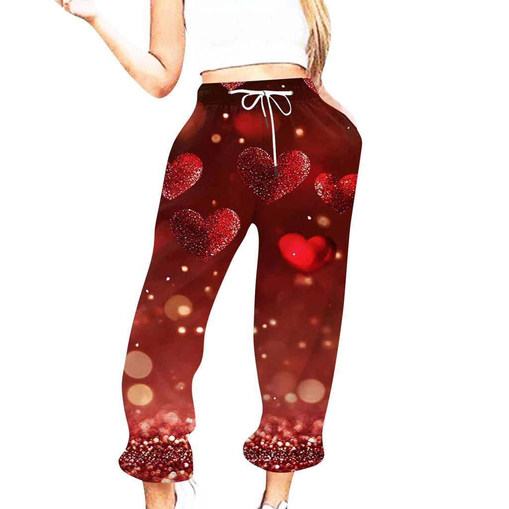 Женская повседневная мода День святого Валентина Повседневные брюки с принтом Спортивные брюки Брюки с эластичной резинкой на талии со шнурком Брюки со шнурком