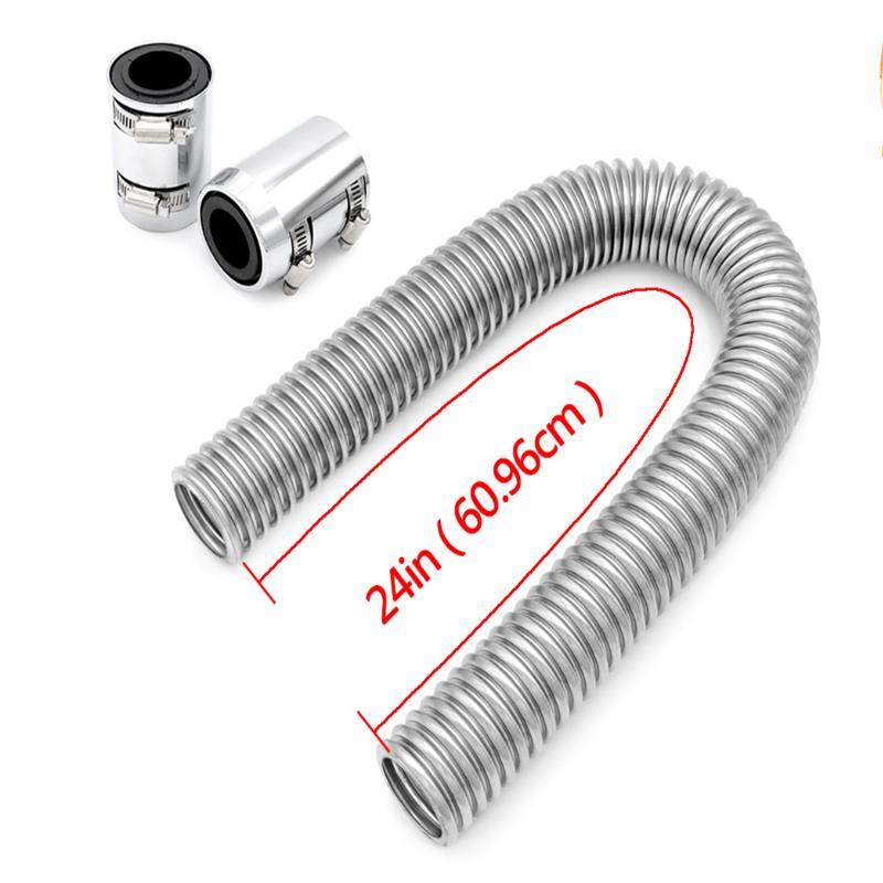 24" (61cm) Stainless Steel Radiator Hose Flexible Coolant Water Hose Kit With 2 Chrome Caps Universal
