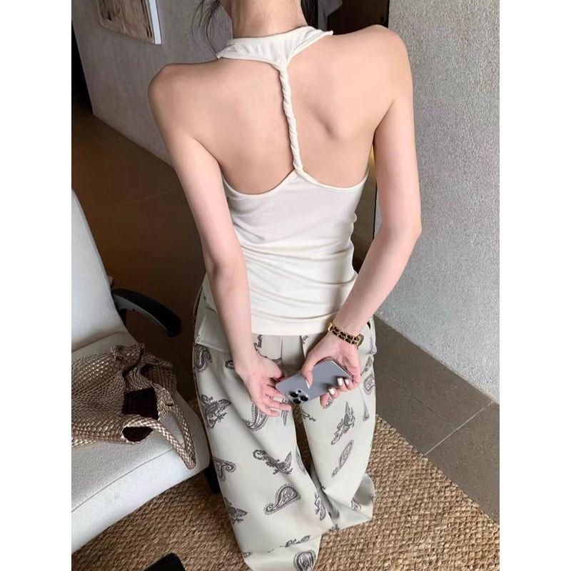 Kumikumi Niche Back Twist Apricot Vest Women Clothes Summer Retro Sexy All-Match Slimming Sleeveless Top