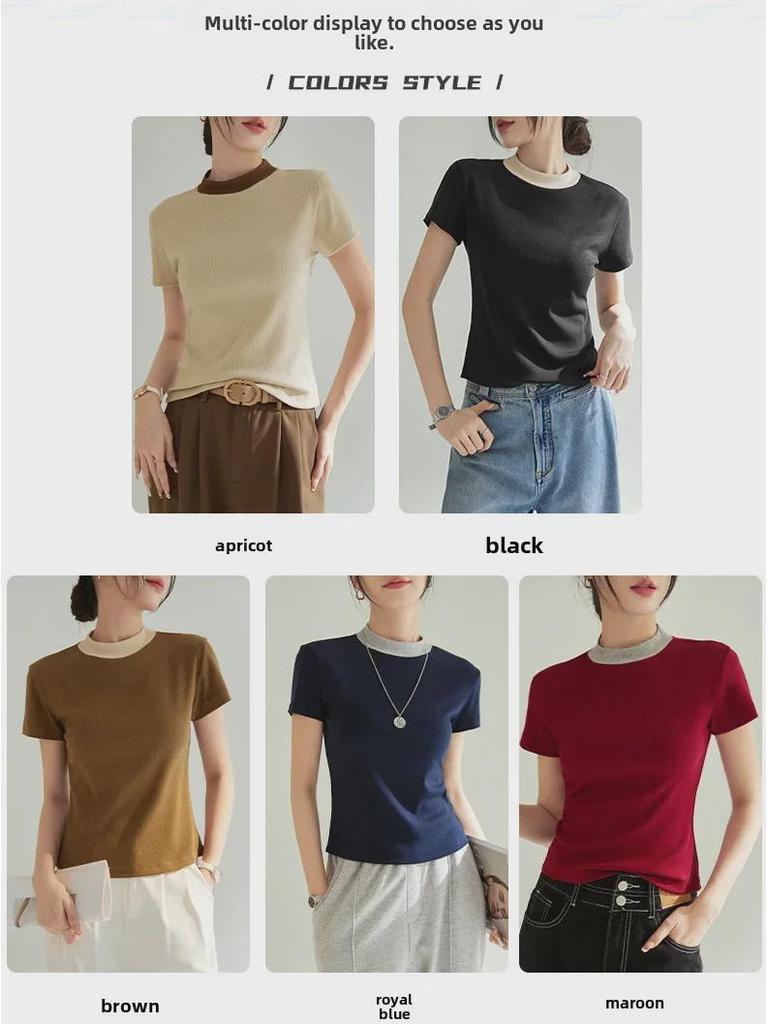 Chic French Style Slim Fit Short-Sleeve T-Shirt for Women - High Elastic, Cool Touch, Round Neck, Spring/Summer 2025