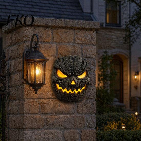 Halloween Porch Light Cover Pumpkin Face Figurine, Wall Mounted Tree Statue, Mask Spooky Resin Hugger for Outdoor Yard, Decor Easy Install