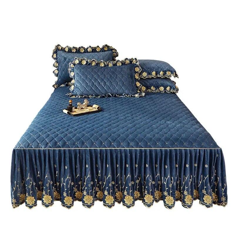 Стеганое покрывало с цветочной вышивкой, плотная бархатная юбка-кровать, роскошная мягкая юбка с 2 подушками, дропшиппинг Queen King