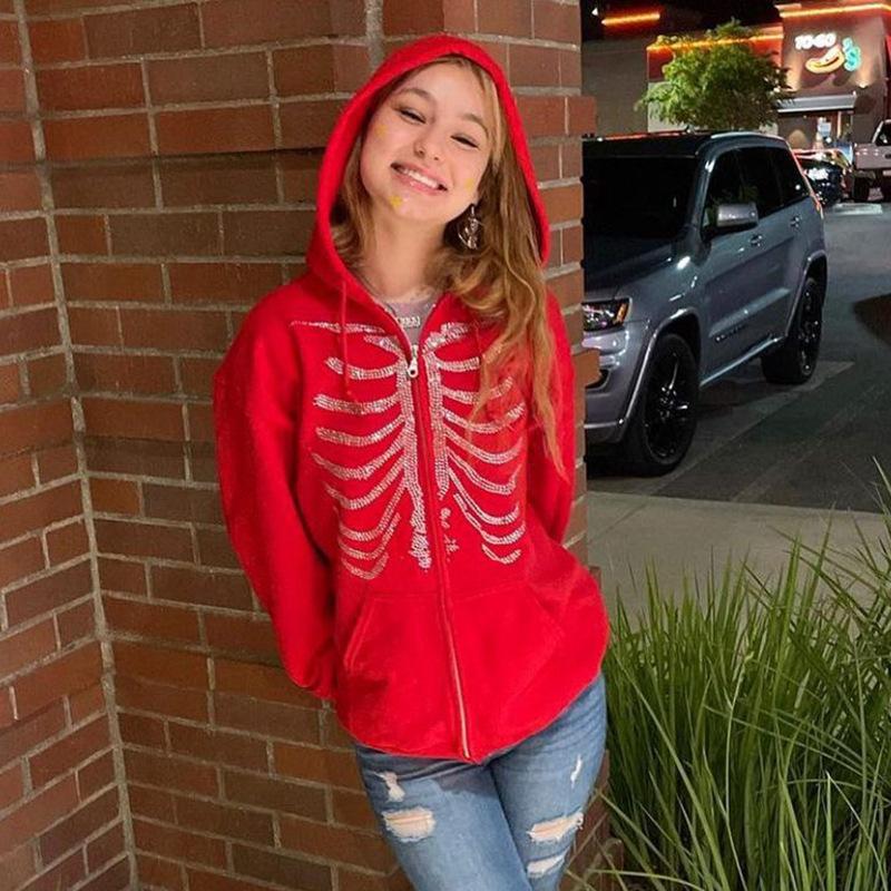 Y2K Rhinestone Skeleton Hoodies Women Gothic Black Red Zip-up Sweatshirts Female Retro Harajuku Hooded Coats Streetwear