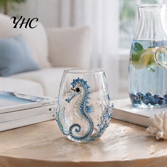 Unique Coastal Style Drinking Glass 12oz Octopus Water Cup, Embossed Design, Hand Painted Marine Handcrafted Deep Sea Pattern Tumbler for Ocean Lovers