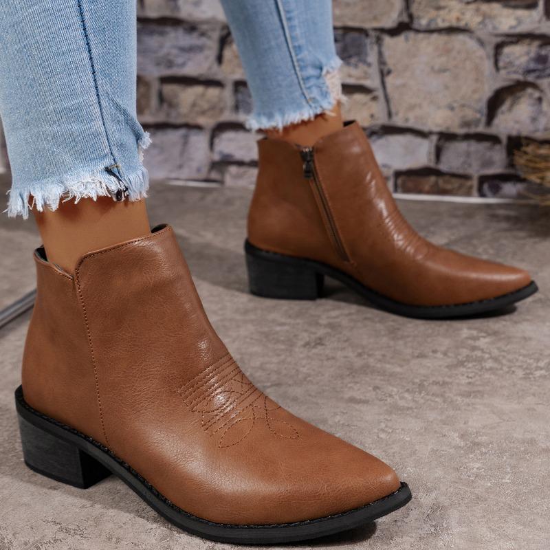 Shoes for Women 2024 Hot Sale Zipper Women's Boots Autumn Pointed Toe Solid Naked Boots Chunky Heels Short Barrel Western Boots