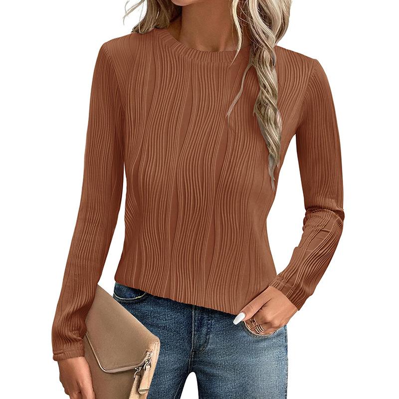 2024 Женская европейская и американская осенняя приталенная однотонная футболка с длинным рукавом и круглым вырезом