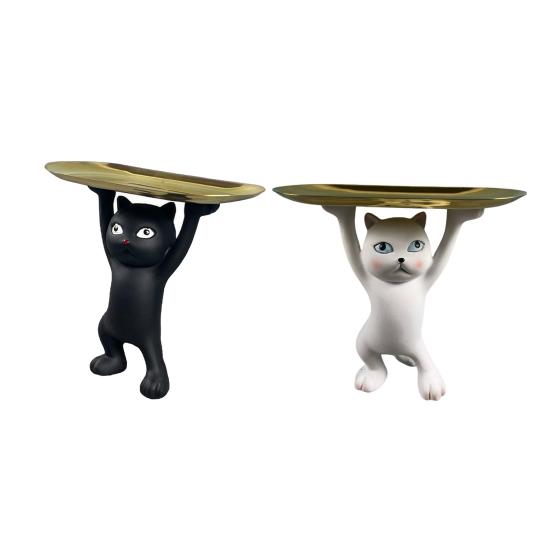 Cartoon Cat Key Storage Tray Resin Standing Cat Figurine Statue with Tray Multi-purpose Jewelry Trinket Holder Organizer Decoration