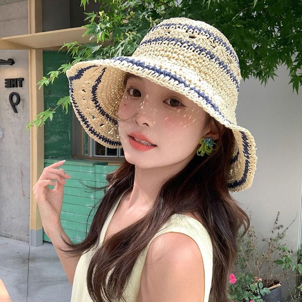 Handmade Weave Crochet Hat Summer Fisherman Caps Fashion Straw Bucket Cap Girls