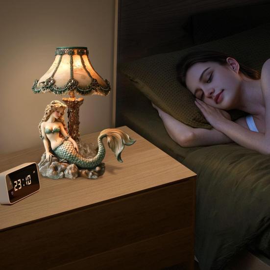 Resin Mermaid Table Lamp Hand-Painted Mermaid Night Light with USB Port Desk Lamp for Bedroom Living Room Decor