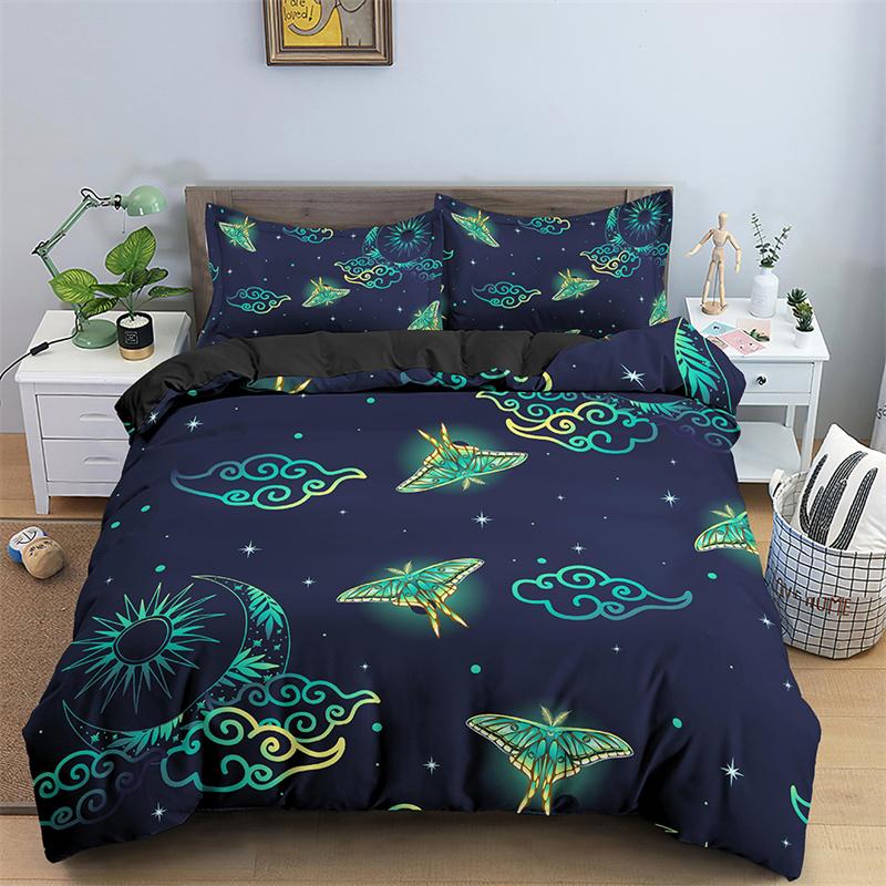Butterfly Bedding Set Full King Size Hippie Boho Moth Duvet Cover Microfiber Animal Botanical Psychedelic Starry Sky Quilt Cover