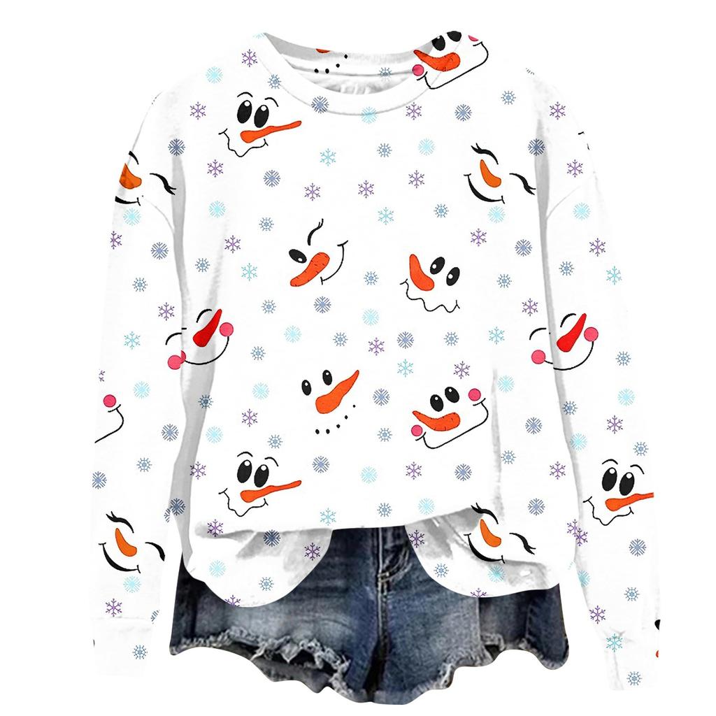 Женская модная рождественская принтованная толстовка с длинным рукавом и круглым вырезом