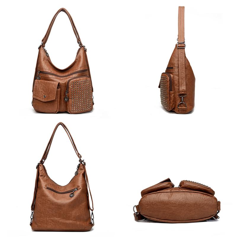 Женская сумка Роскошная дизайнерская сумка Сплошной цвет Сумка-мессенджер Большая вместительная повседневная женская сумка через плечо Кожаная большая сумка с заклепками