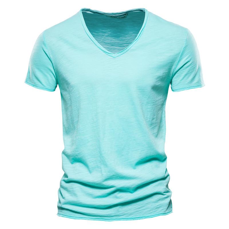 Summer Men Top Tee Solid Color Bamboo Cotton V-neck Short Sleeve T-shirt Pure Cotton Men's Clothing