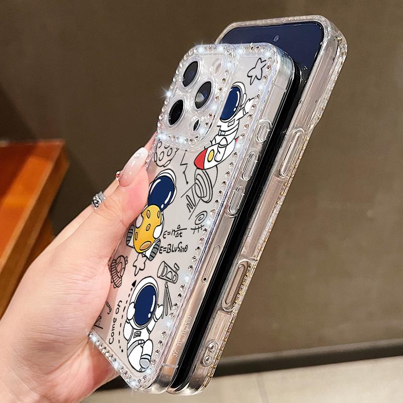 Чехол для телефона с узором из бриллиантовых астронавтов для iPhone 16e 17 Air 16 15 14 Pro Max 13 17 Pro Max 17 16 15 Plus Ударопрочный мягкий силиконовый чехол