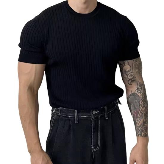 Мужская летняя спортивная футболка трикотажная эластичная эластичная футболка с круглым вырезом Slim Fit сплошной цвет пуловер с короткими рукавами для тренировок в тренажерном зале топ для тренировок