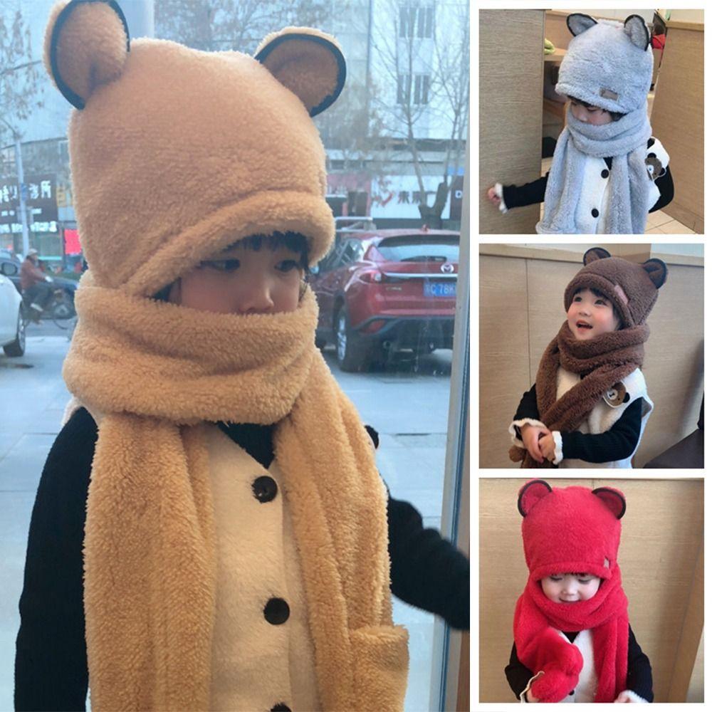 Winter Baby Bear Ears Hat Plush Ear Protection Hats Lovely One-Piece Hats Scarf Gloves Boy Girls