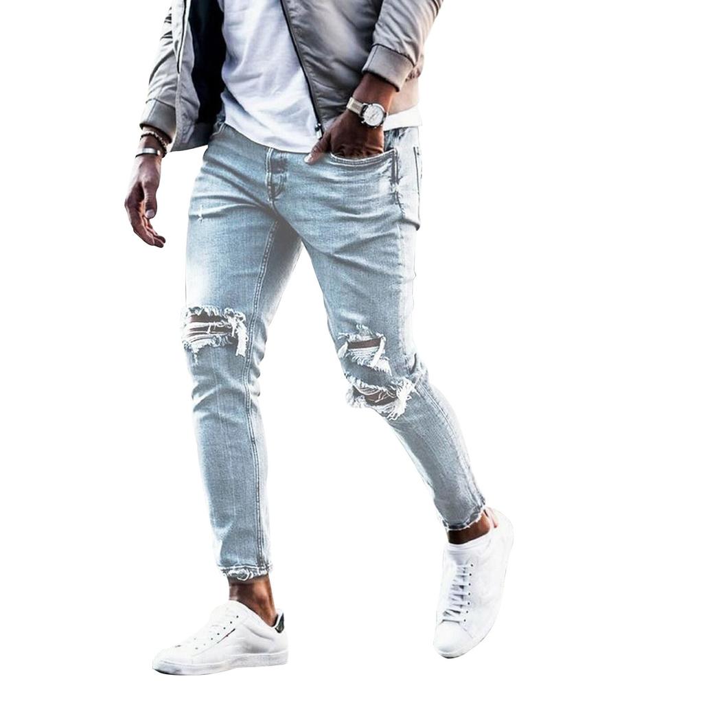 Men New Hip Hop Jean Trousers Mens Solid Color Hole Skinny Vintage Jeans Fashion Washed Ripped Slim Denim Pants for Men