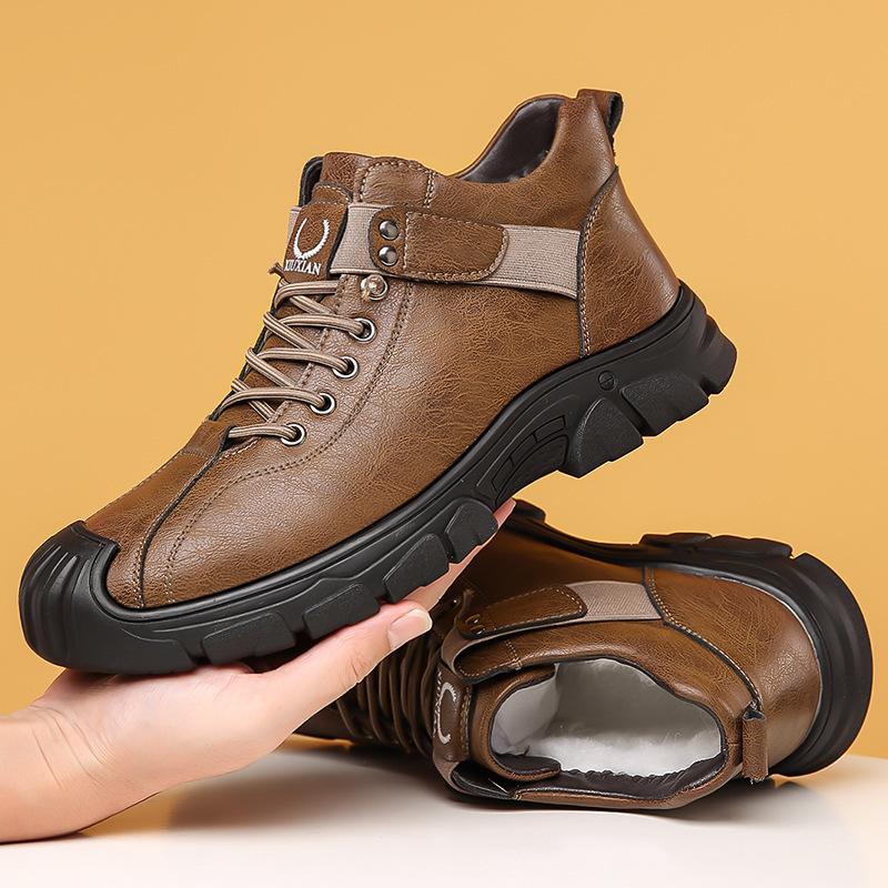 Men's Shoes Round Head Autumn and Winter Casual Leather Shoes Men's Velvet Warm Low-top Cotton Shoes Non-slip Thick-soled Snow Boots