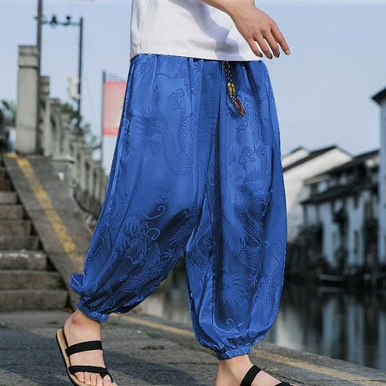 Мужские Брюки Фонарики Хиппи Бохо Широкие С Принтом Дракона Свободные С манжетой на щиколотке Мягкие Дышащие Шаровары Длинные Брюки для Йоги