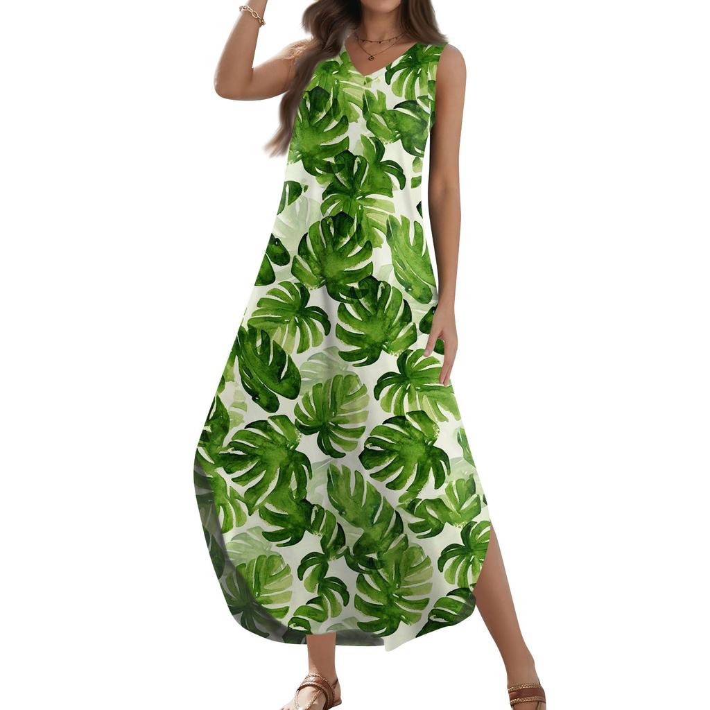 Женский 2024 летний повседневный свободный сарафан длинное платье с цветочным принтом без рукавов с v-образным вырезом и разрезом футболка платья макси