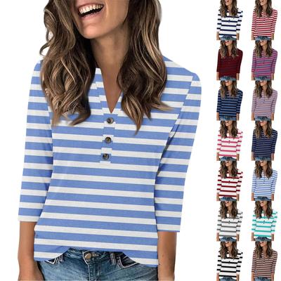 Женская мода повседневный свободный топ с рукавом 3/4 в полоску с круглым вырезом