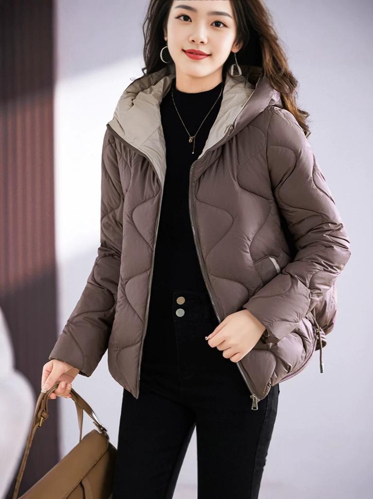 Loose short hooded cotton-padded clothes, women's light embossed cotton-padded jackets, middle-aged and elderly daily casual windproof and warm winter