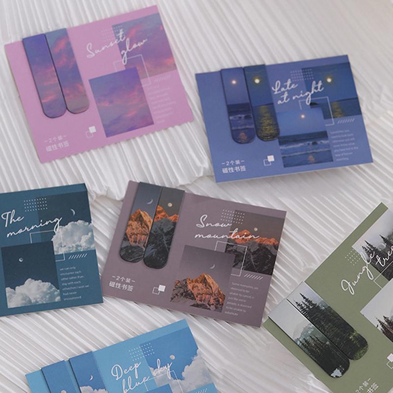 2 шт./уп. Магнитная закладка Красивый пейзаж Облака Простой литературный узор Закладка Инструмент для чтения Школьные офисные принадлежности