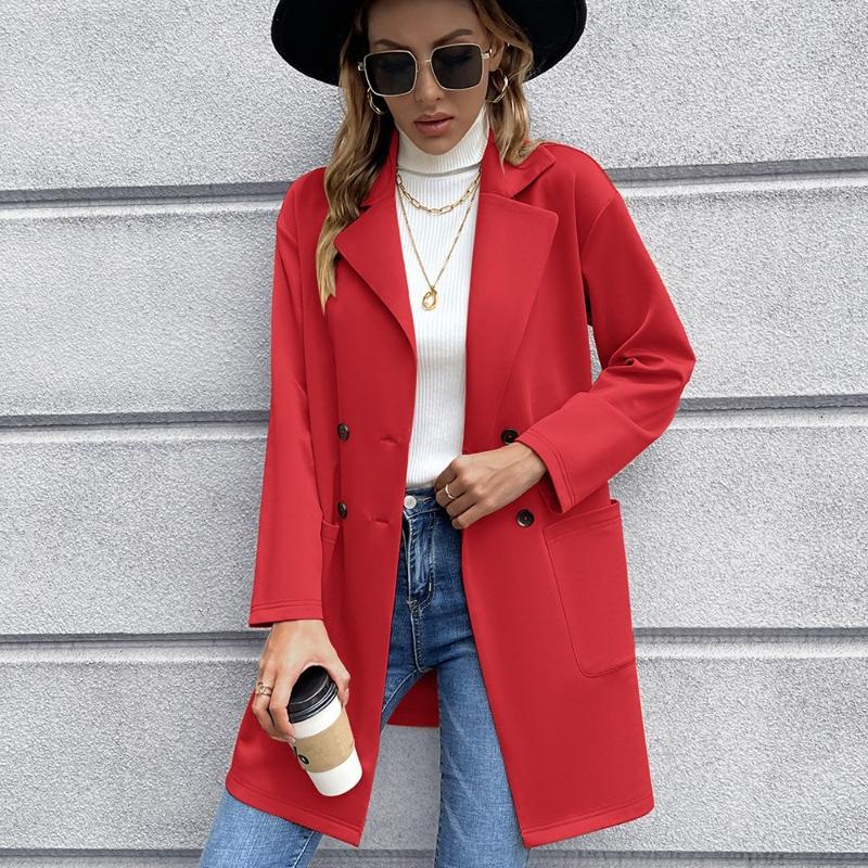 Autumn Mid Long Solid Casual Loose Women Jacket Double Breasted Formal Office Jackets for Women Fashion Winter Pockets Notched Ladies Coat 24899
