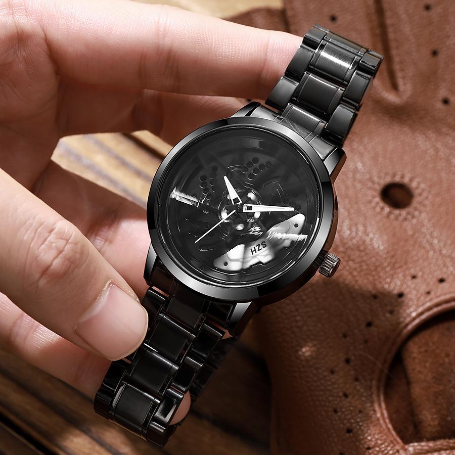 Hollow Creative Black Technology Men'S Steel Belt Watch Inner Ring Rotatable Watch Quartz Watch