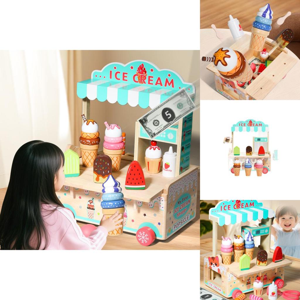 Wooden Simulation Ice Cream Cart Children Role Playing Toy Set For Imaginative Play And Parent Child Interaction