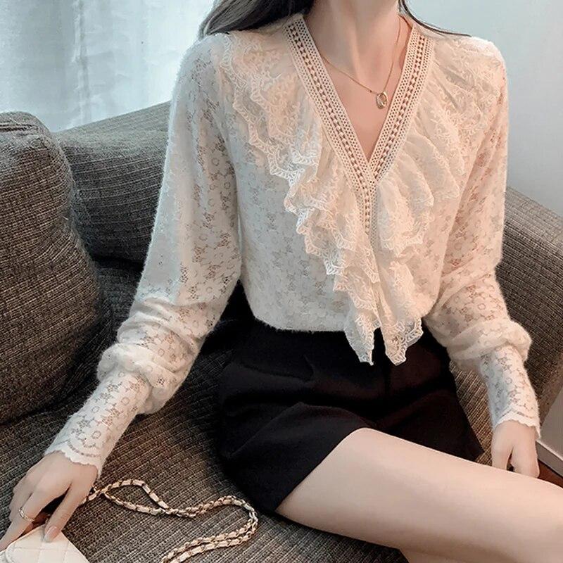 Французская элегантная женская блузка с v-образным вырезом, осенний топ с рюшами и длинными рукавами, милая кружевная блузка, белая полая нежная женская рубашка Blusas 17251