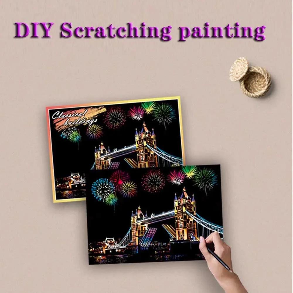 5.5x7.8inch Children's Drawing Exercise Book DIY Handmade Painting Birthday Gift Eiffel Tower Sakura Picture Scratch Painting