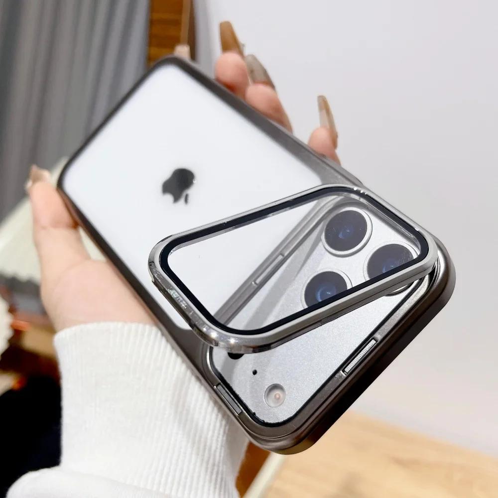 Plating Fold Glass Camera Stand Holder Phone Case For 17 17Pro 17Air 17 Pro Max Ultra Thin Transparent Shockproof Cover