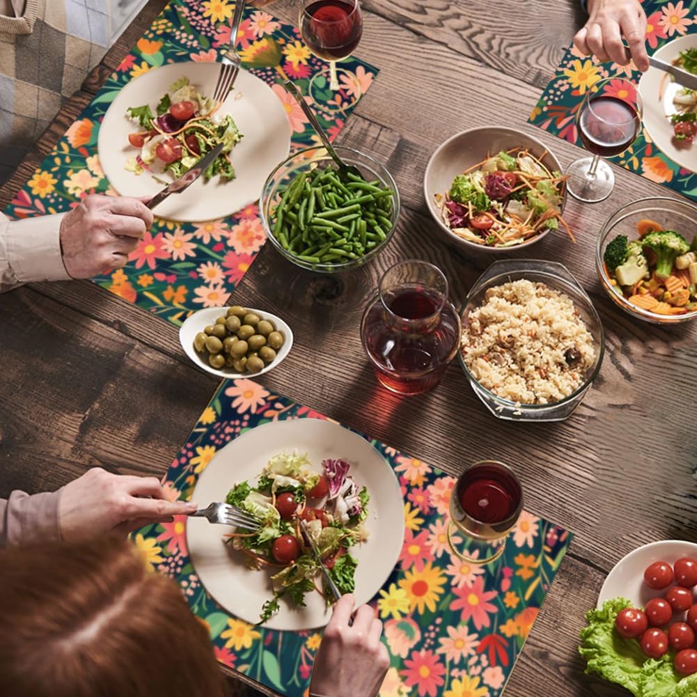 WADORN Flowers Cat Placemats Set of 6, Black Cat Wildflowers Cloth Table Place Mats 11.8x17.7 Inch Non-Slip Linen Washable Table Mats Heat Resistant