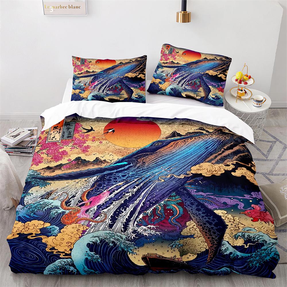 Комплект постельного белья в японском стиле с мотивом укиё-э, пододеяльник с рисунком морской волны, красного солнца, пододеяльник для детей-подростков, размер King, полный размер