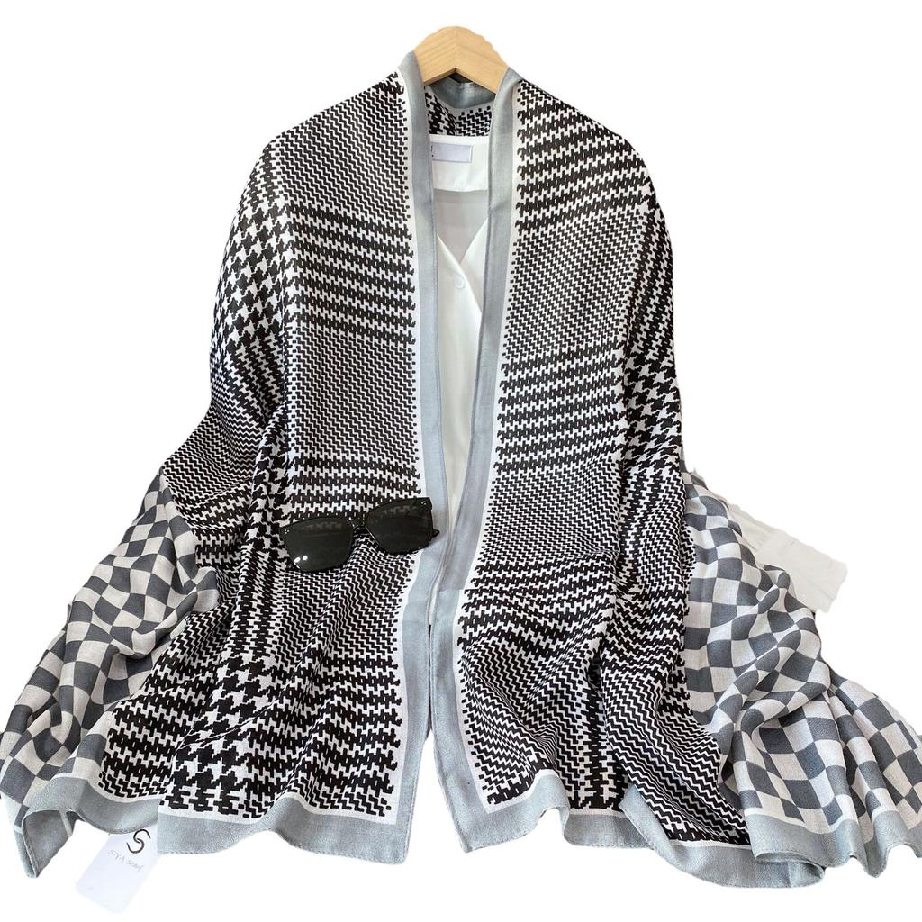 Retro Thousand Birds Grid Long Cotton and Linen Women's Summer Sun Protection Beach Towel Vacation Yarn Outside Air-conditioned Room Warm Scarf