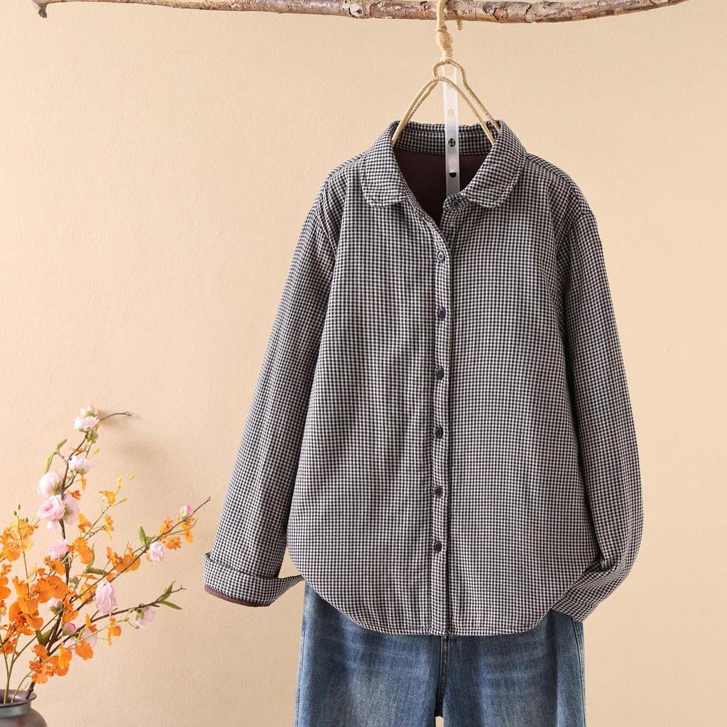 Стильная женская стеганая рубашка-куртка в клетку с хлопковым наполнителем - Коллекция Осень/Зима 2025, Теплый повседневный топ (Стиль 86536)