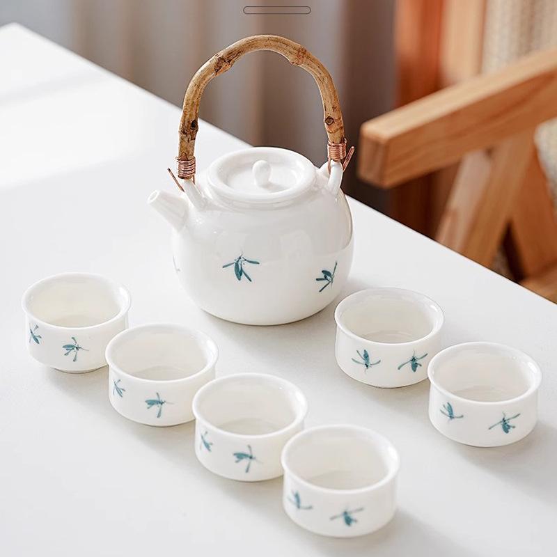 Suet jade porcelain hand-painted magnolia flower household beam pot large kung fu tea set teapot cool kettle ceramic