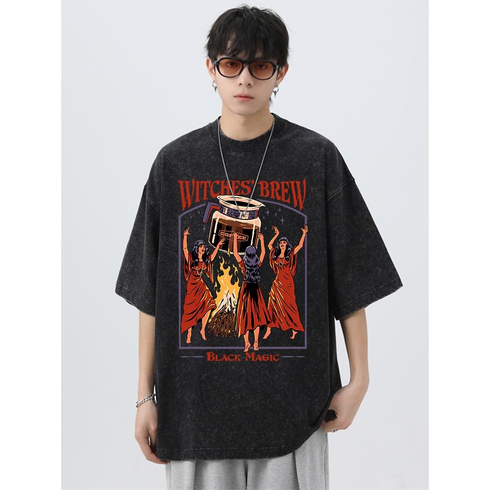 Ведьмы варят кофе Black Magic Washed Retro Мужские топы Свободная уличная футболка Летняя футболка Большие свободные футболки