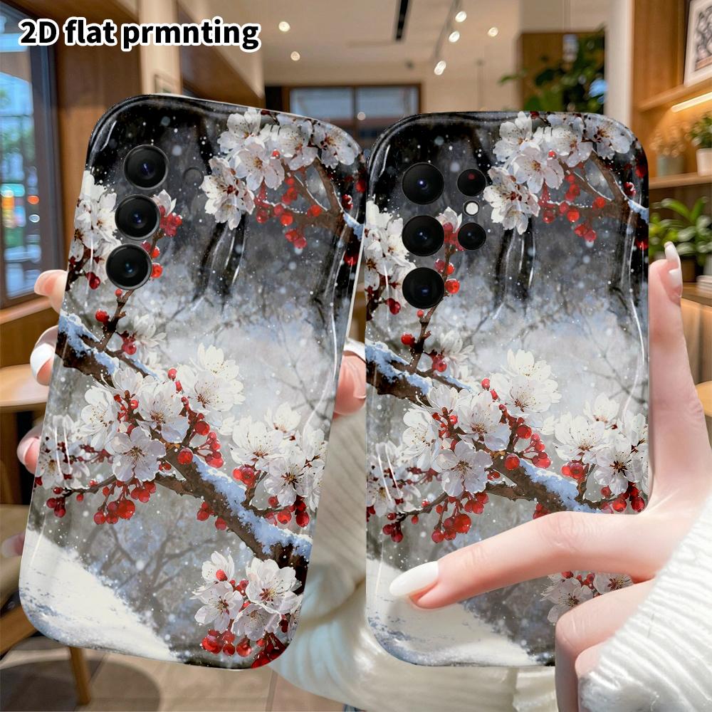 Phone Case: 2D flat Samsung Galaxy A34 A35 S20 S22 S21 FE Plus Ultra protective case, falling snow white plum, Christmas and Halloween gift