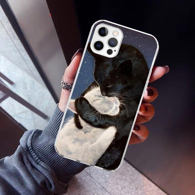 Мультяшный Милый Черный Кот Чехол Для Телефона Для iPhone 17 Air 16 15 Pro Max 14 Plus 13 Mini 12 11 Чехол 7 8 SE Силиконовый Чехол Принт Fundas