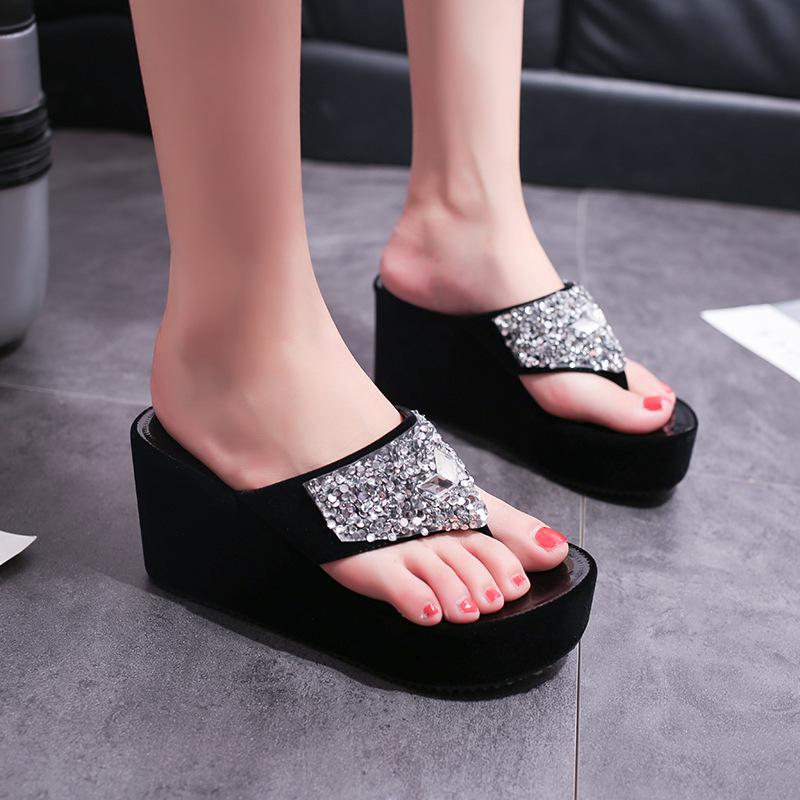 Модные шлепанцы, женские тапочки на платформе, повседневные удобные сандалии на танкетке со стразами