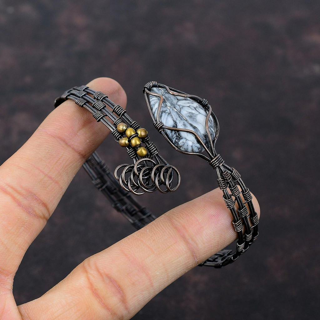 Браслет Pinolith Jasper, обмотанный медной проволокой, регулируемый браслет, браслет ручной работы с драгоценными камнями, обмотанный медной проволокой, ювелирное изделие, подарок для нее