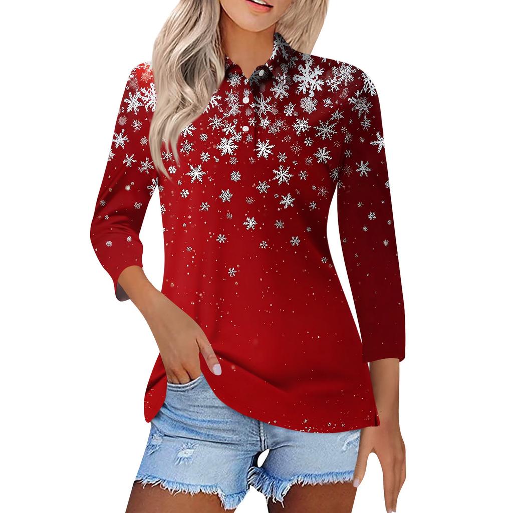 Women's Fashion Casual Lapel Short 3/4 Sleeve Christmas Print Shirt Women's Button Up Tops
