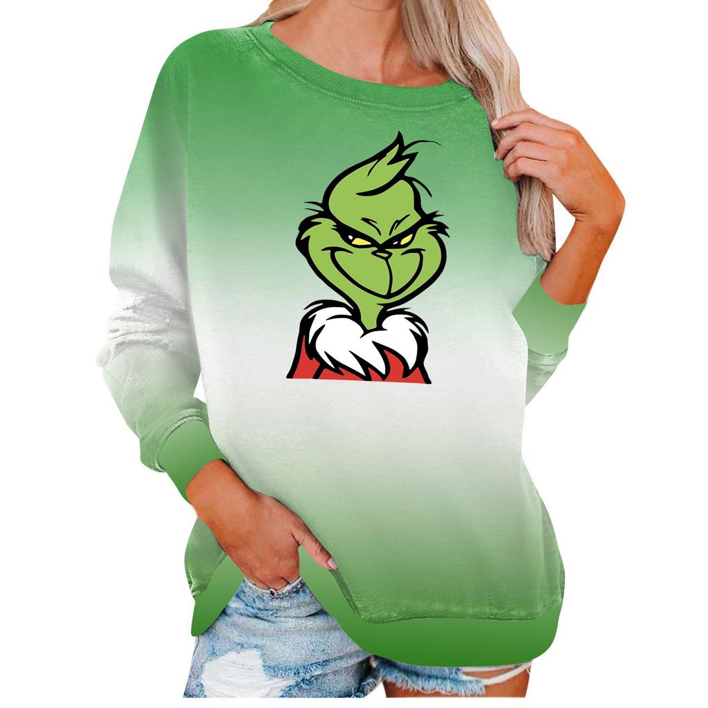 Женская рубашка, повседневная футболка с длинными рукавами и рождественским принтом, круглый вырез и нашивка, топ