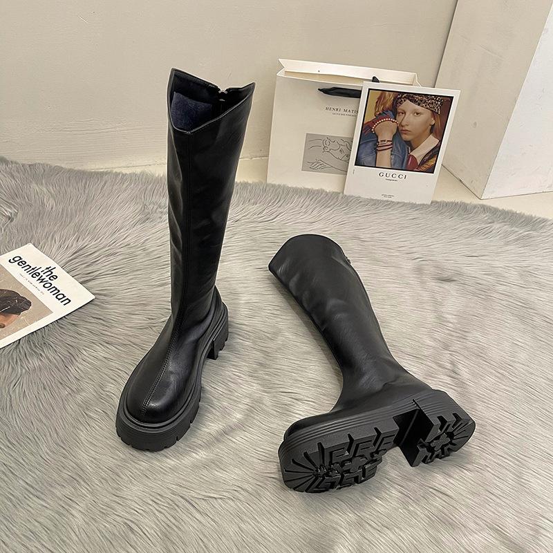 Модные универсальные ботильоны на толстой подошве, женские облегающие ботинки на высоком каблуке, на платформе, с круглым носком и толстым каблуком, женские ботинки-рыцари