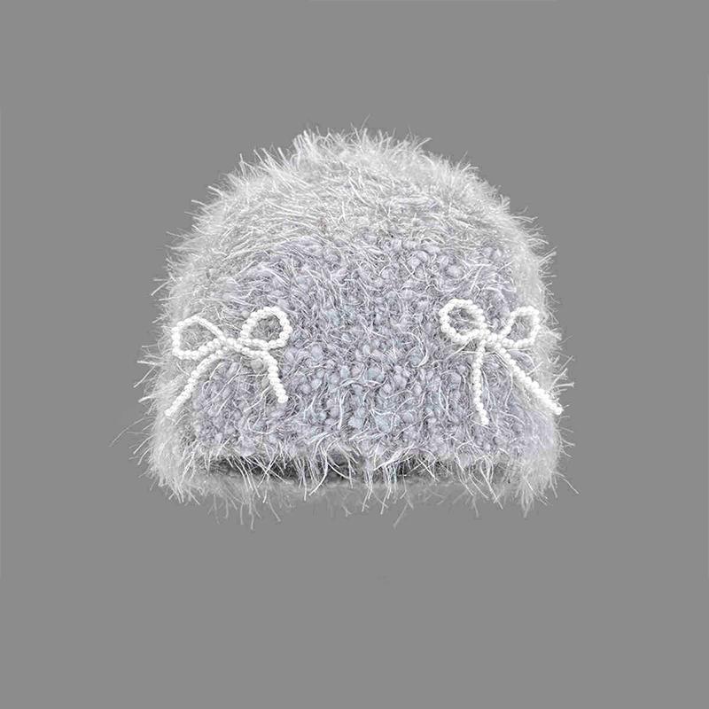 Осень и зима, новая шапка с рукавами, женская плюшевая жемчужная вязаная шапка с бантом, мягкая липкая вязаная шапка